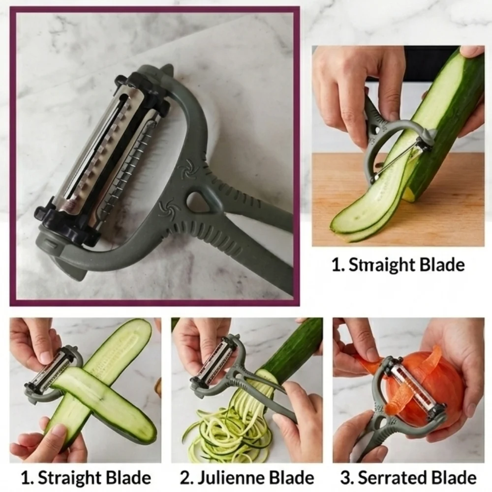 3-in-1 Rotatable Multi-Blade Kitchen Peeler - Serrated, Julienne, Straight